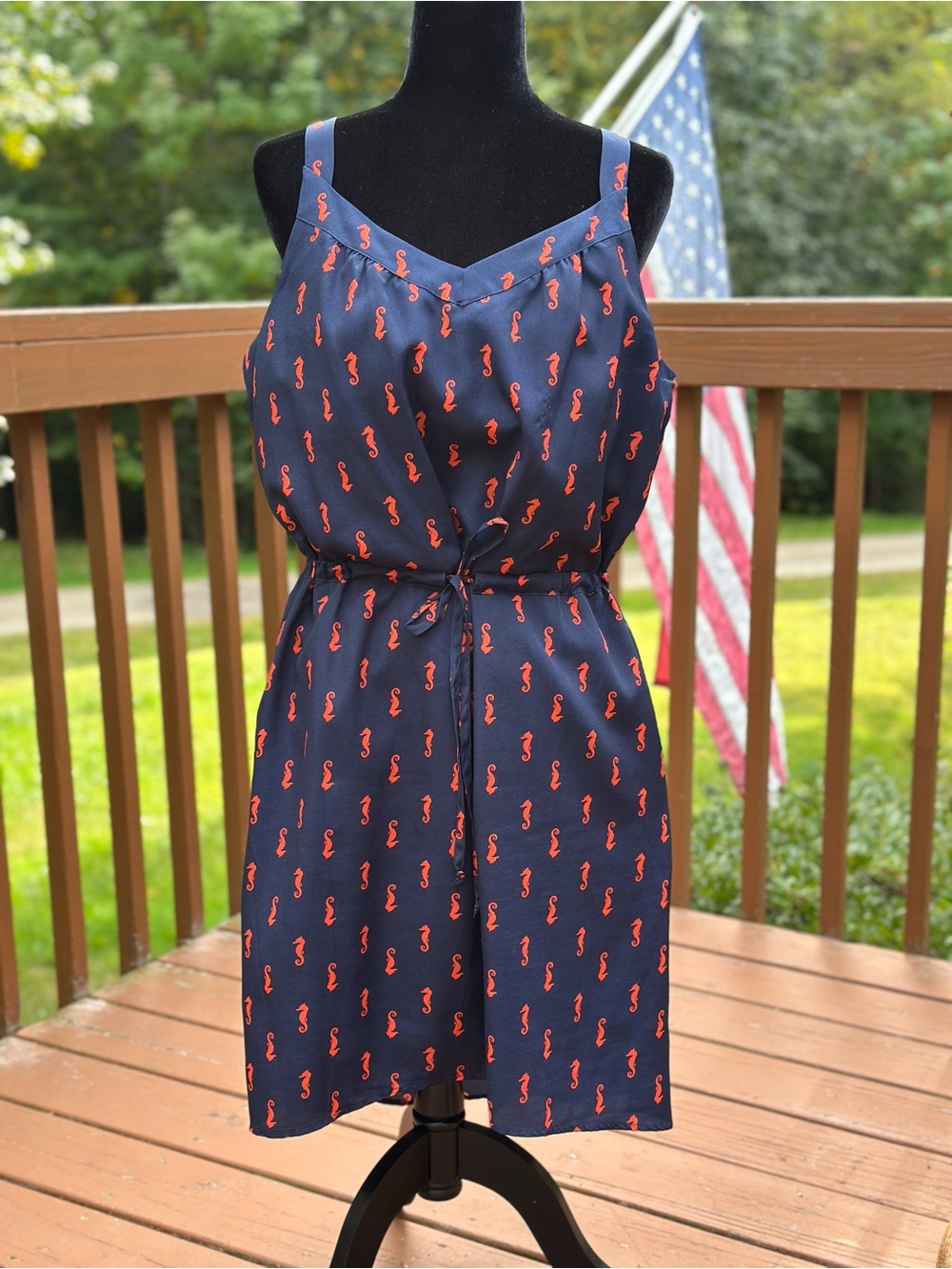 Navy Sleeveless Seahorse Print Tie-Waist Dress